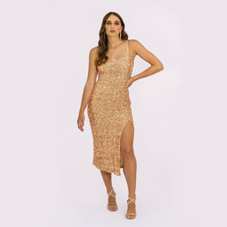 "Amara" Rose Gold Sequinned Evening Dress