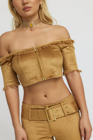 Off the Shoulder Gold Velvet Crop Top with 3/4 Sleeves "Harmonia"