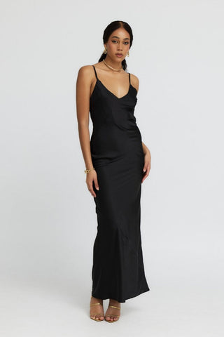 "Iris" Bias Maxi Slip Dress in Black