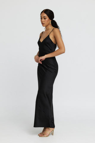 "Iris" Bias Maxi Slip Dress in Black