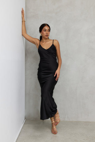 "Iris" Bias Maxi Slip Dress in Black