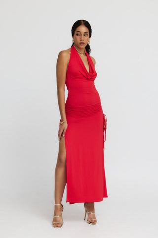 "Venus" Cowl Neck Halter Bamboo Jersey Maxi Dress in Red