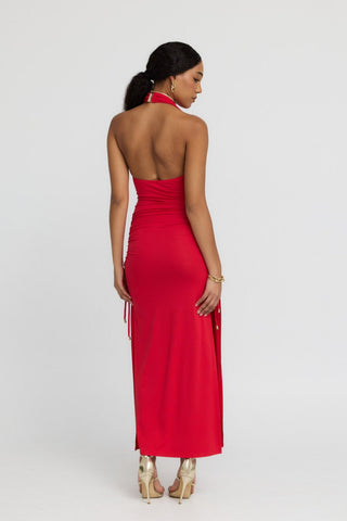 "Venus" Cowl Neck Halter Bamboo Jersey Maxi Dress in Red